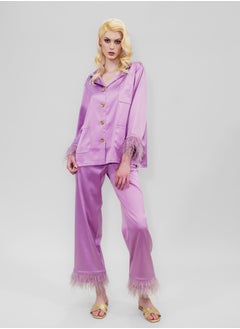 BITOLIA GALLERY Top and Pants Set Loungewear Taffeta Lavender Natural Feathers  - Image 1