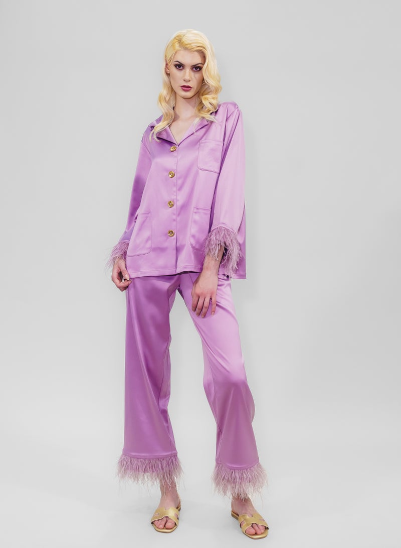 BITOLIA GALLERY Top and Pants Set Loungewear Taffeta Lavender Natural Feathers  - Image 1