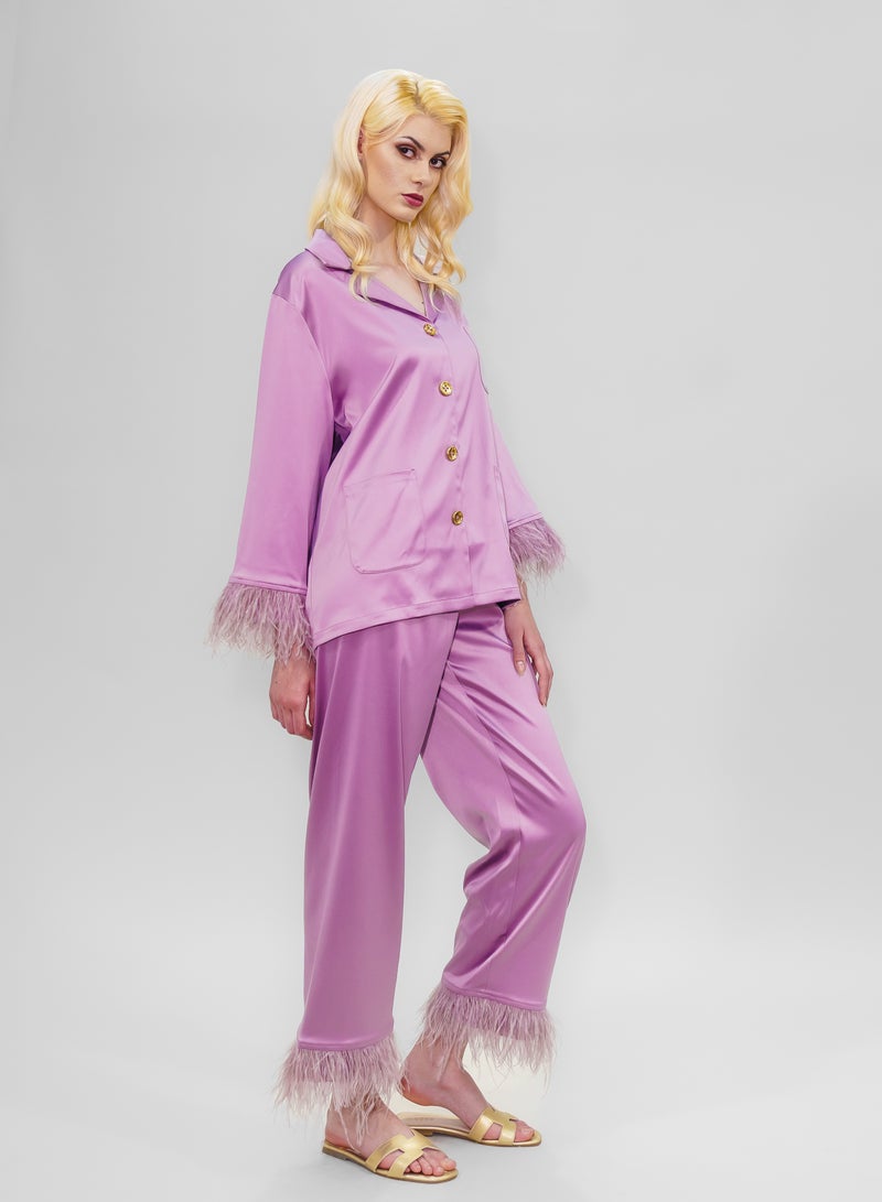 BITOLIA GALLERY Top and Pants Set Loungewear Taffeta Lavender Natural Feathers  - Image 3