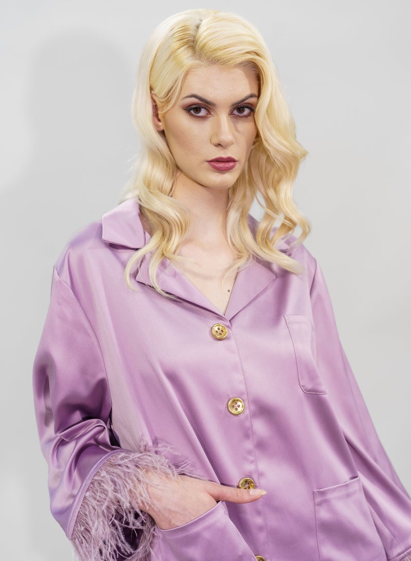 BITOLIA GALLERY Top and Pants Set Loungewear Taffeta Lavender Natural Feathers  - Image 5