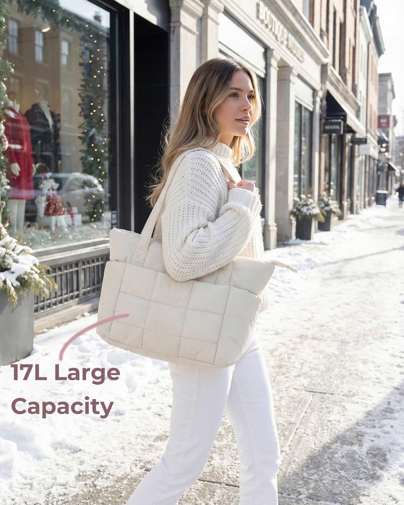U+U Puffer Tote Bag for Women, Quilted Work Tote with 16" Laptop Sleeve, Luggage Sleeve & Yoga Mat Strap for Travel Gym School,Cream - Image 2