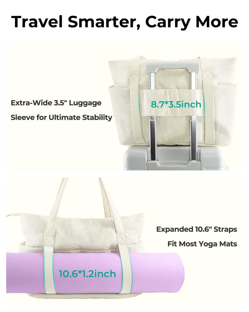 U+U Puffer Tote Bag for Women, Quilted Work Tote with 16" Laptop Sleeve, Luggage Sleeve & Yoga Mat Strap for Travel Gym School,Cream - Image 3