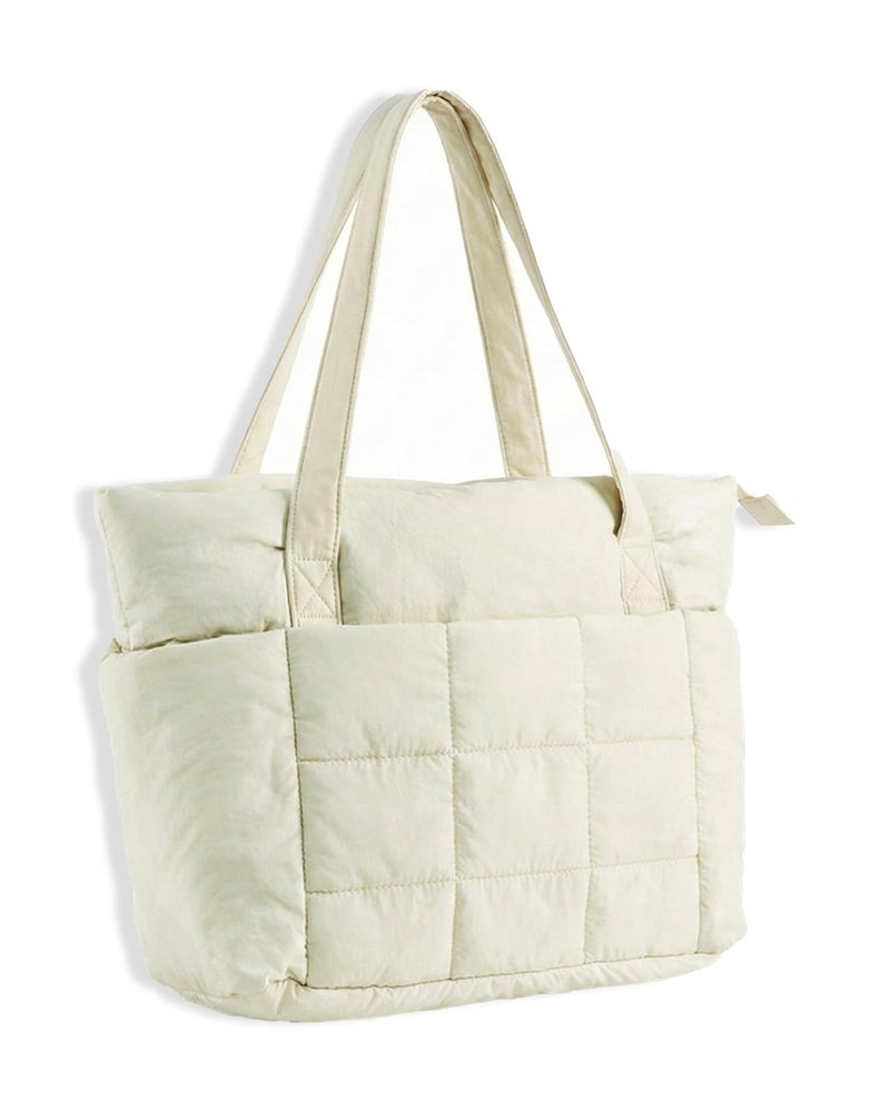 U+U Puffer Tote Bag for Women, Quilted Work Tote with 16" Laptop Sleeve, Luggage Sleeve & Yoga Mat Strap for Travel Gym School,Cream - Image 1