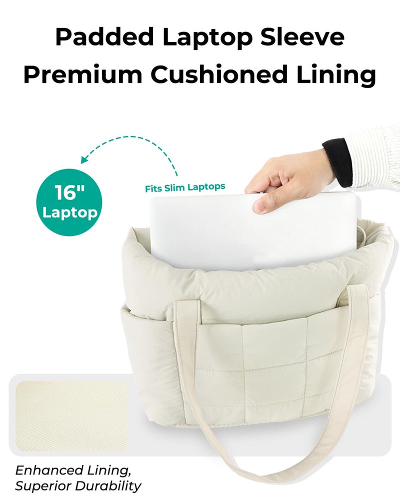 U+U Puffer Tote Bag for Women, Quilted Work Tote with 16" Laptop Sleeve, Luggage Sleeve & Yoga Mat Strap for Travel Gym School,Cream - Image 4