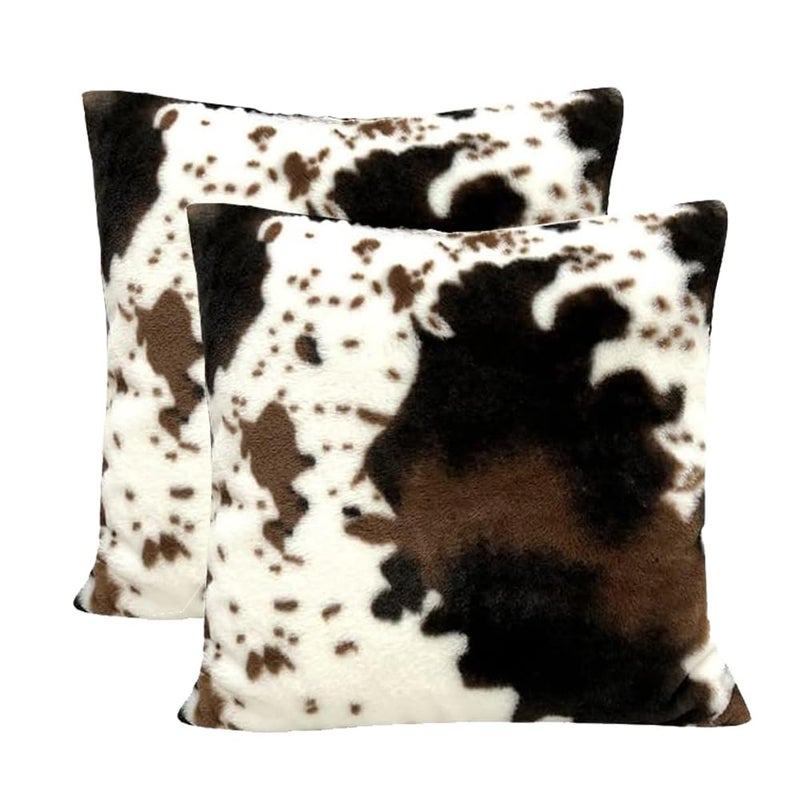 TOMWISH Cowhide Animal Black White and Brown Faux Fur Throw Pillow Covers 18x18 Set of 2 for Chair Bedroom Living Room Sofa Couch Bed Outdoor Double Sided Printing Furry Soft Cozy Pillow Covers - Image 1