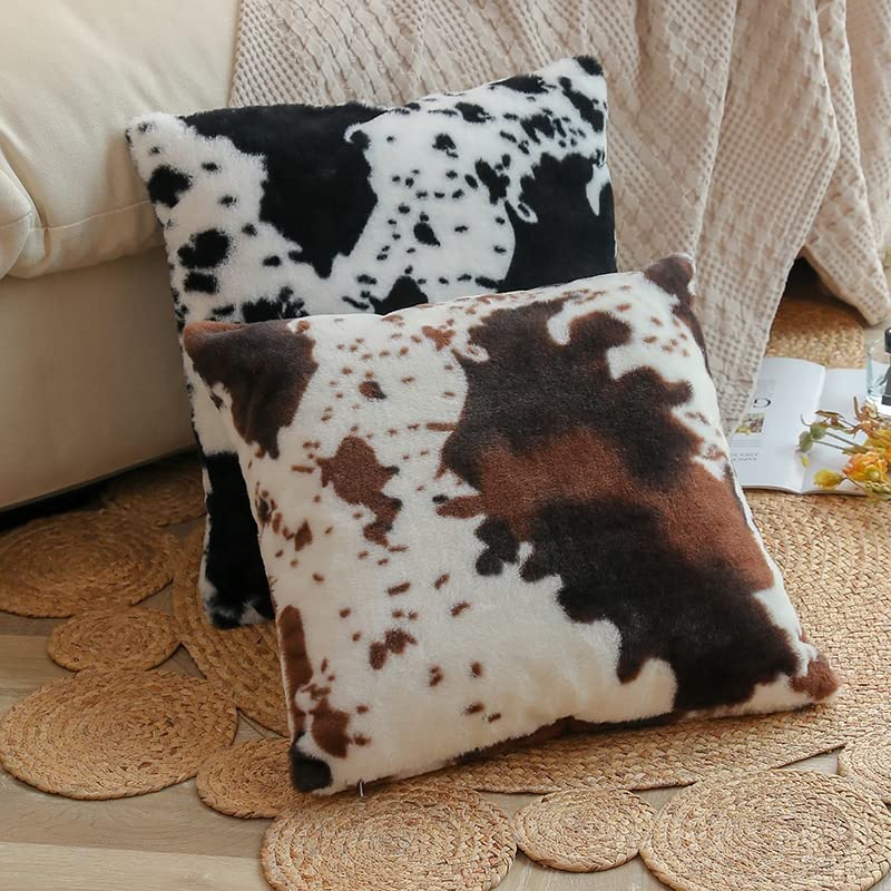 TOMWISH Cowhide Animal Black White and Brown Faux Fur Throw Pillow Covers 18x18 Set of 2 for Chair Bedroom Living Room Sofa Couch Bed Outdoor Double Sided Printing Furry Soft Cozy Pillow Covers - Image 4