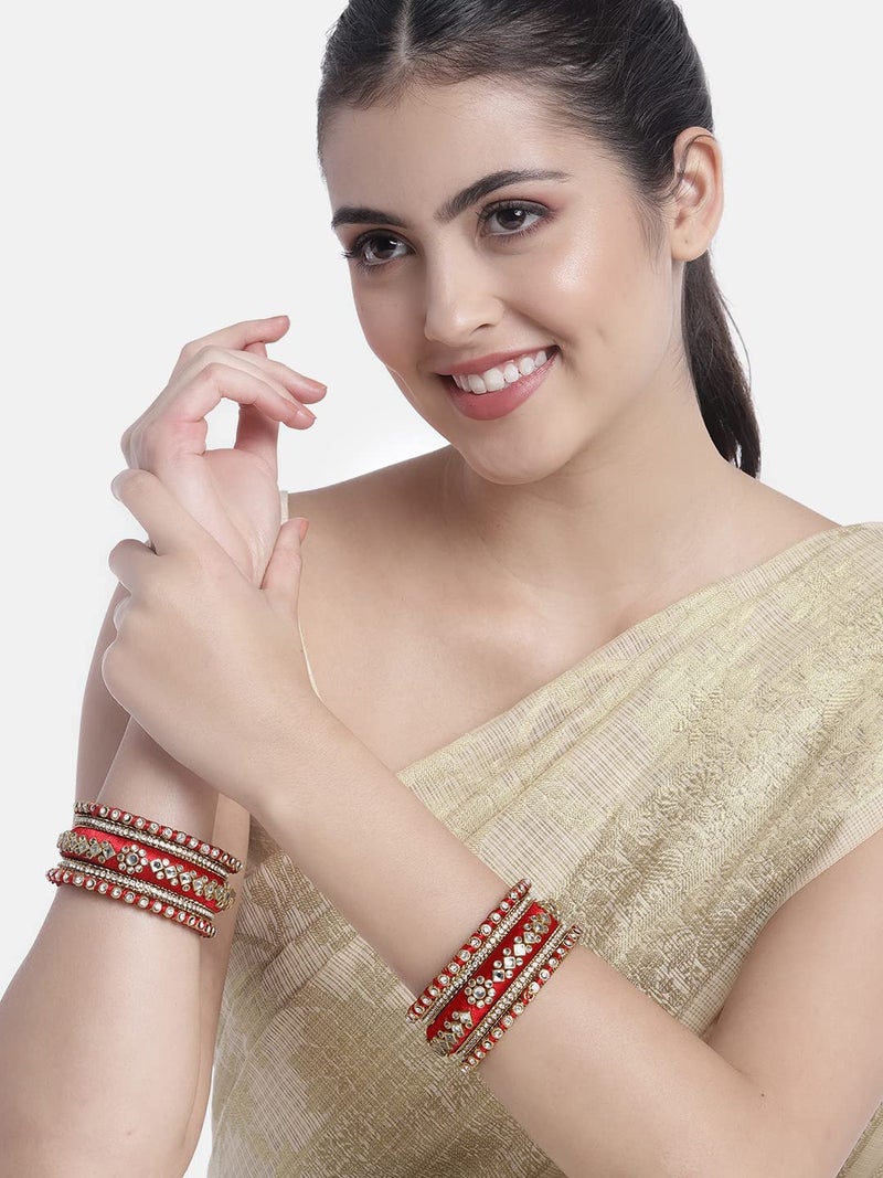 Peora Women Velvet Matching Fancy Silk Thread Red White Chuda/Chura Bangle Set(Size 2.8) - Image 2