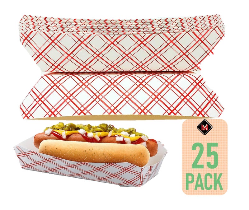 Mr. Miracle Mr Miracle 7 Inch Paper Hot Dog Tray in Red White Pattern. Pack of 25. Disposable, Recyclable and Fully Biodegradable. Made in USA - Image 1