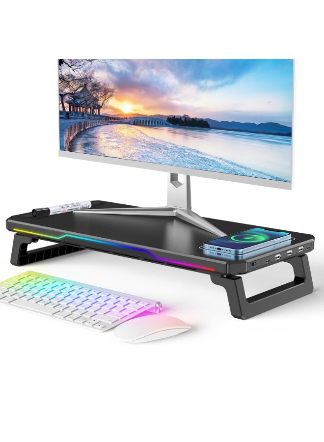 RGB Monitor Riser, PC Stand, Desktop Laptop Stand Riser, Computer Stand with RGB Light and Wireless Charging  - Image 1