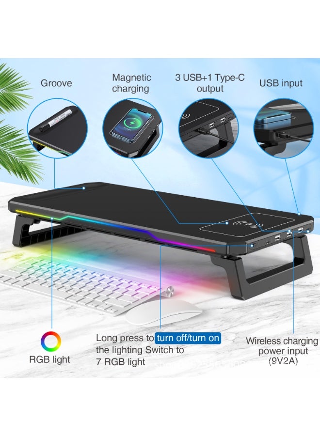 RGB Monitor Riser, PC Stand, Desktop Laptop Stand Riser, Computer Stand with RGB Light and Wireless Charging  - Image 2