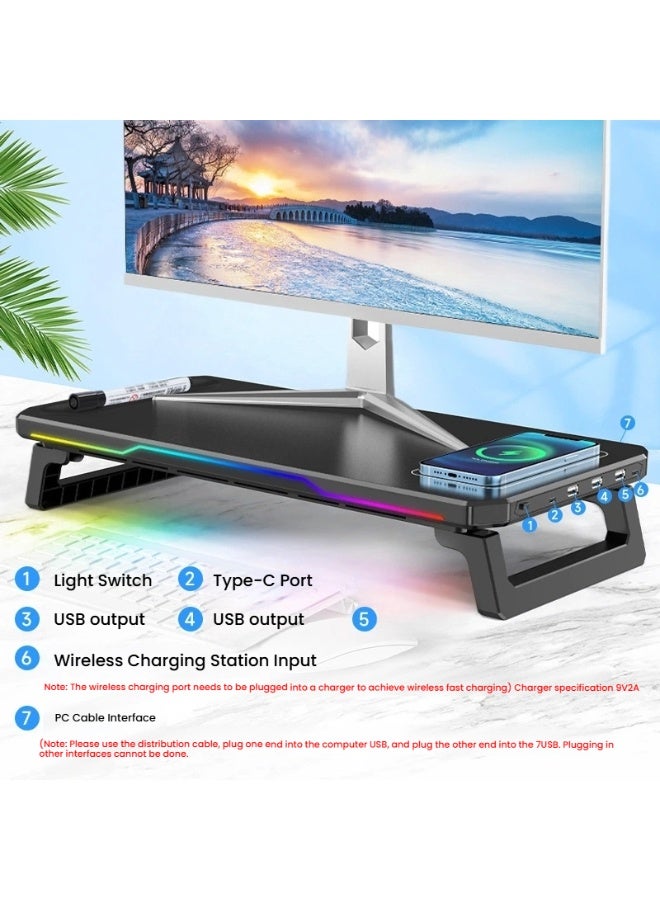 RGB Monitor Riser, PC Stand, Desktop Laptop Stand Riser, Computer Stand with RGB Light and Wireless Charging  - Image 3