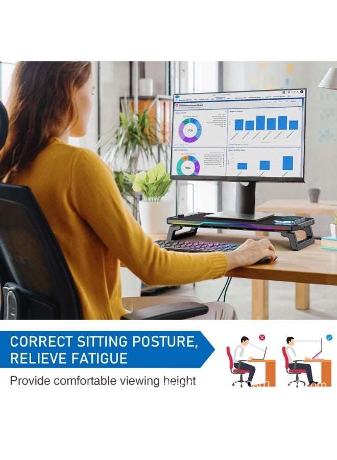 RGB Monitor Riser, PC Stand, Desktop Laptop Stand Riser, Computer Stand with RGB Light and Wireless Charging  - Image 4