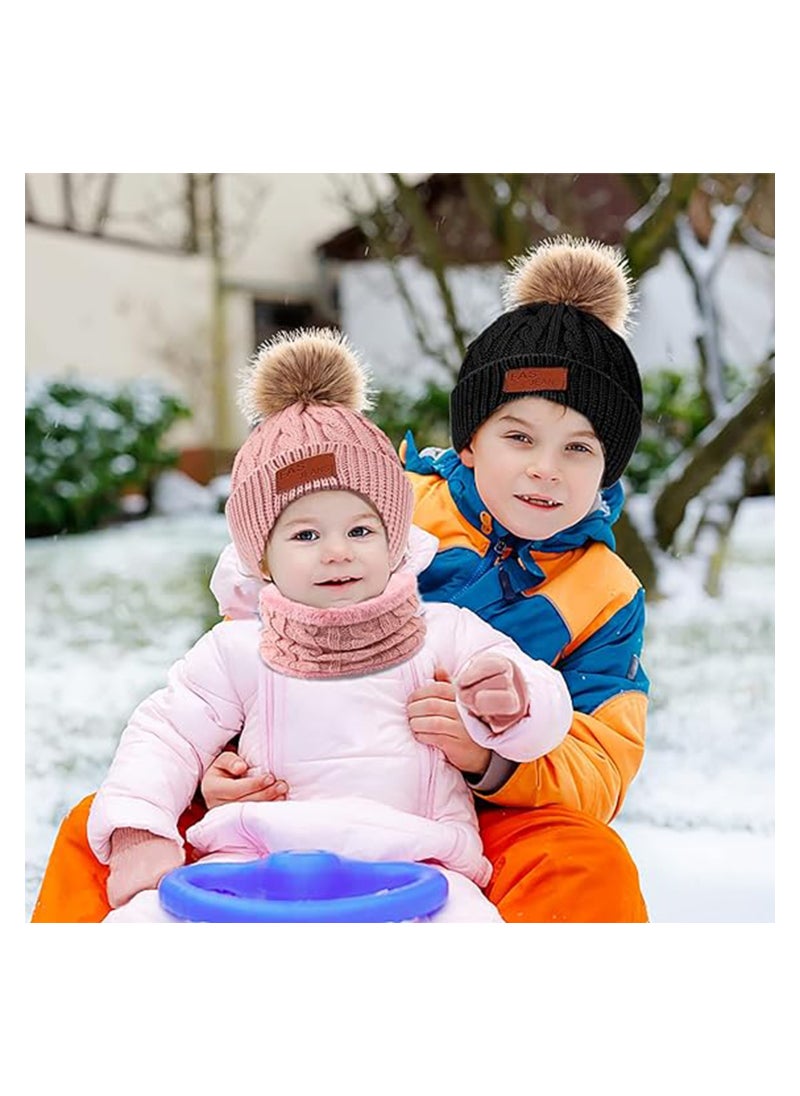 Kids Winter Beanie Hat Scarf Gloves Set for 2-6 Years Old, Toddler Winter Knit Hat Gloves Neck Warmer with Fleece Lined, Tender Pink