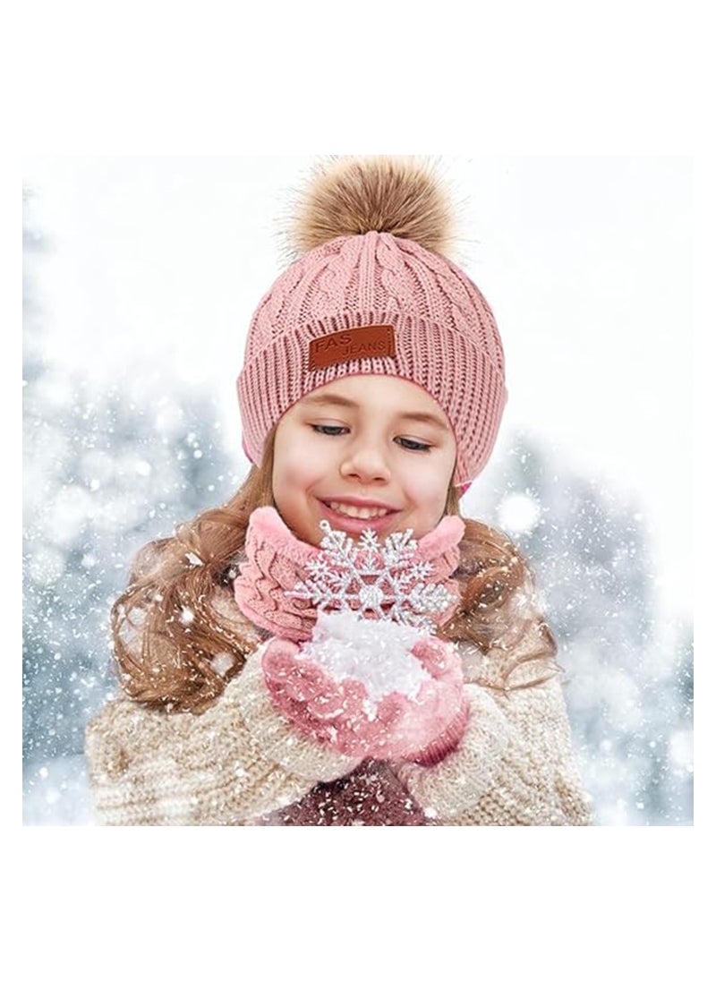 Kids Winter Beanie Hat Scarf Gloves Set for 2-6 Years Old, Toddler Winter Knit Hat Gloves Neck Warmer with Fleece Lined, Tender Pink