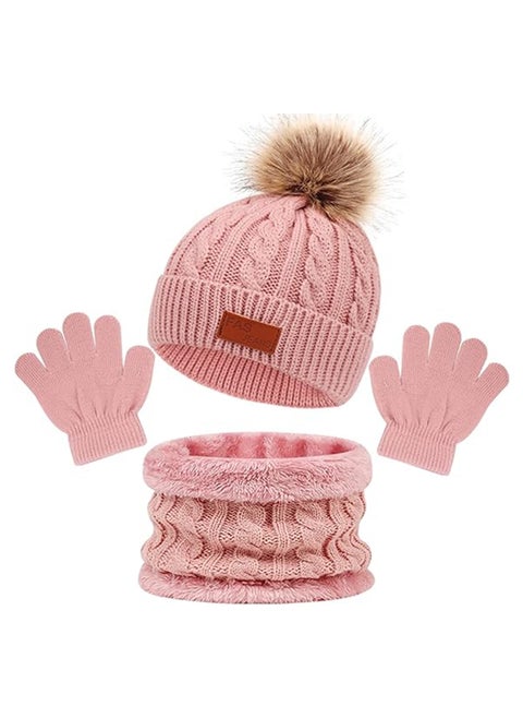 Kids Winter Beanie Hat Scarf Gloves Set for 2-6 Years Old, Toddler Winter Knit Hat Gloves Neck Warmer with Fleece Lined, Tender Pink