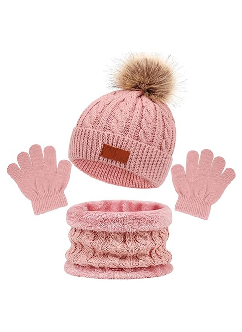 Kids Winter Beanie Hat Scarf Gloves Set for 2-6 Years Old, Toddler Winter Knit Hat Gloves Neck Warmer with Fleece Lined, Tender Pink