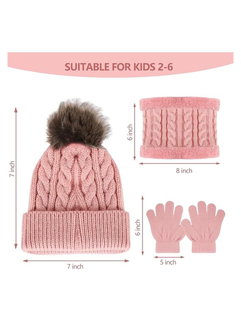 Kids Winter Beanie Hat Scarf Gloves Set for 2-6 Years Old, Toddler Winter Knit Hat Gloves Neck Warmer with Fleece Lined, Tender Pink