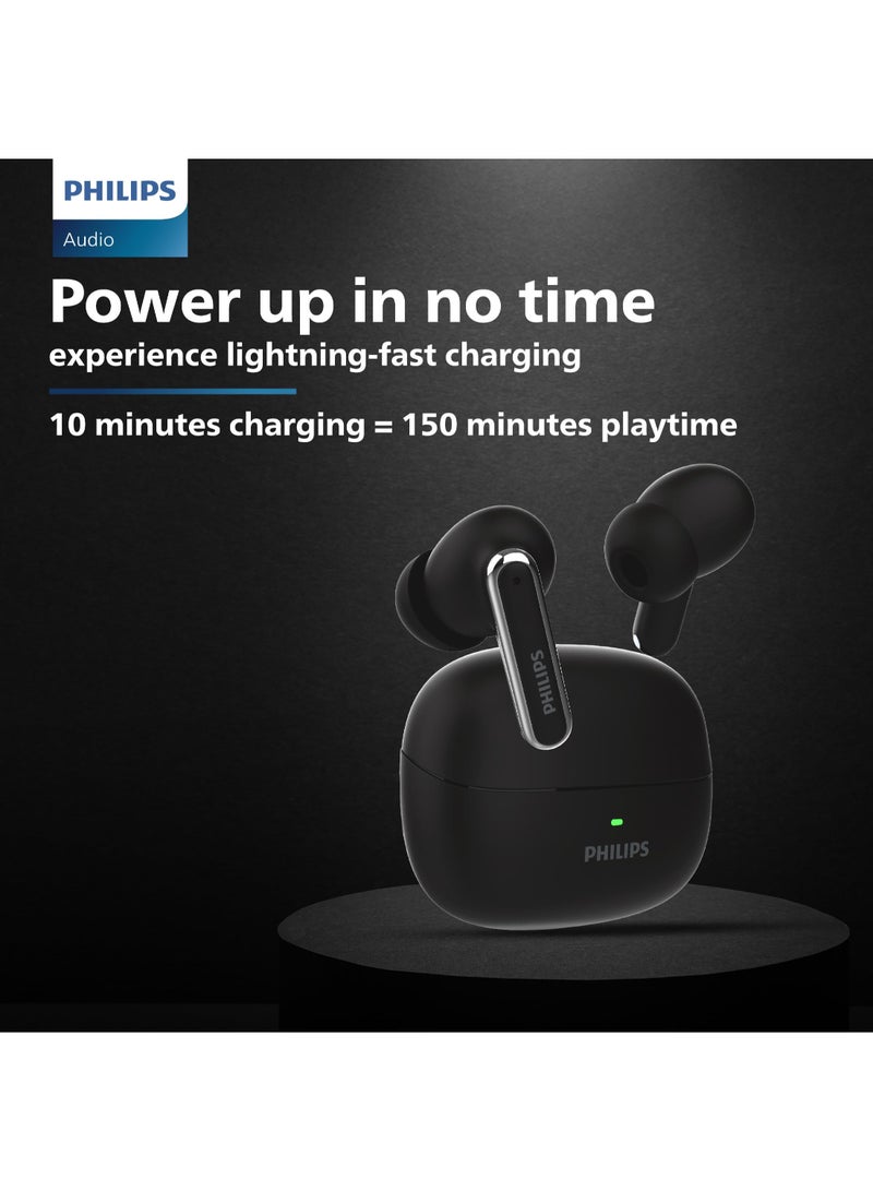 Philips Renewed - TAT1150BK/94 Premium Wireless Earbuds with ANC, Quad Mic ENC, Up to 55 Hr Playtime,13mm Neodymium Drivers,Multipoint, ergonomically Designed,IPX5 Water Resistance,Fast Charging (Deep Black) DEEP BLACK - Image 2