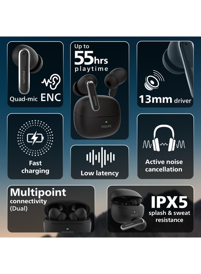Philips Renewed - TAT1150BK/94 Premium Wireless Earbuds with ANC, Quad Mic ENC, Up to 55 Hr Playtime,13mm Neodymium Drivers,Multipoint, ergonomically Designed,IPX5 Water Resistance,Fast Charging (Deep Black) DEEP BLACK - Image 3