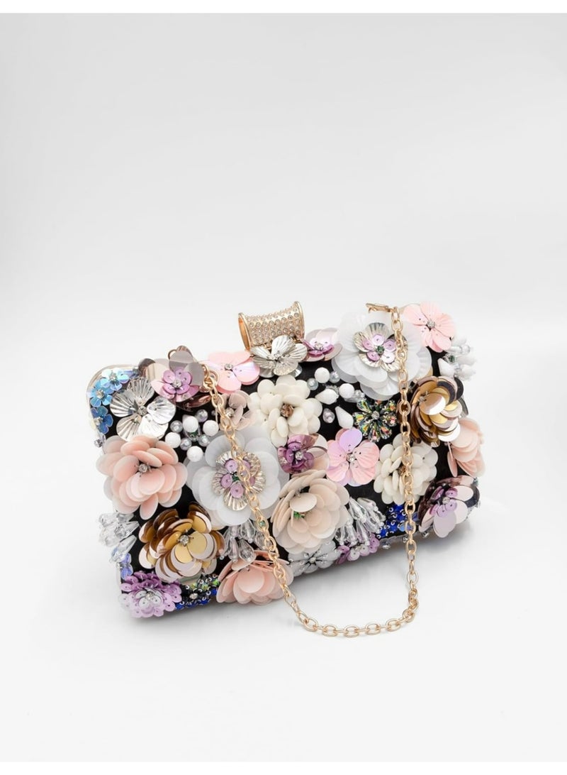 Elegant Floral Embellished Satin Evening Clutch Bag Women Beaded Flower Handbag for Weddings & Parties - Image 4