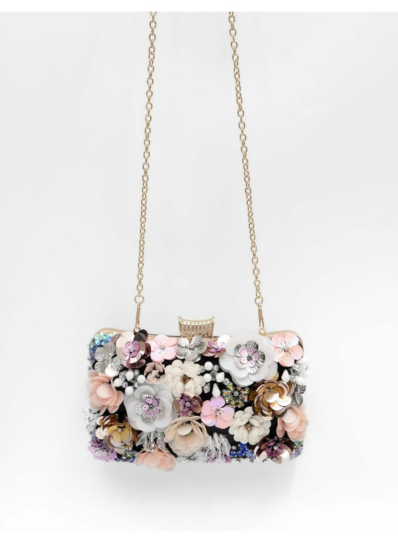 Elegant Floral Embellished Satin Evening Clutch Bag Women Beaded Flower Handbag for Weddings & Parties - Image 5