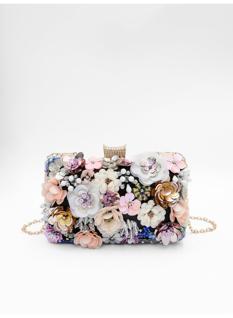 Elegant Floral Embellished Satin Evening Clutch Bag Women Beaded Flower Handbag for Weddings & Parties - Image 1
