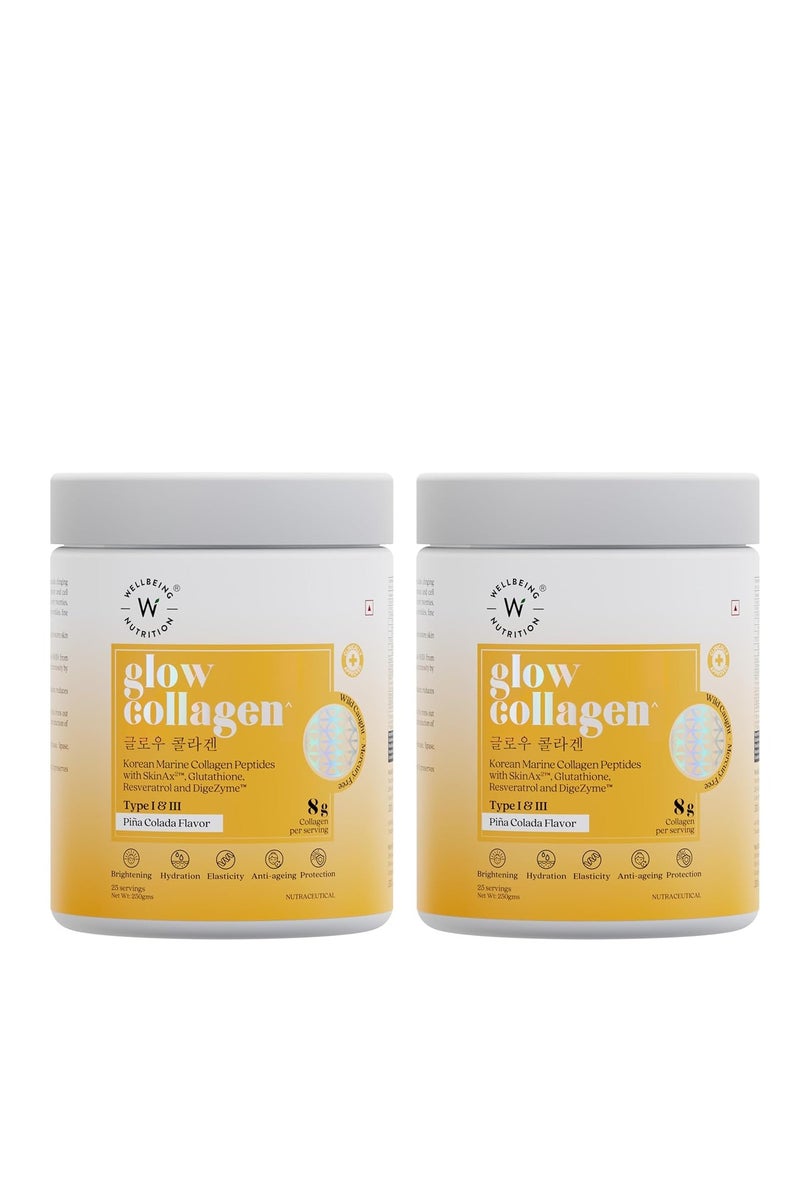 Glow Collagen with Glutathione | Collagen Supplements for Women & Men | Marine Collagen Powder with SkinAxÂ², Resveratrol, Bromelain & Goji Berry | 250g - Pina Colada Flavor Pack of 2