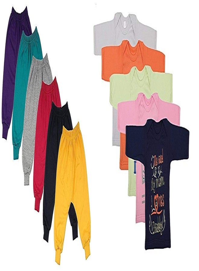 First Kids Step Baby's Hosiery Cotton Combo Of 6 Track Pants With Rib And 5 Mom And Dad Quotes Coloured Tees, Clothing Set (Multicolour, 0-6 Months) - Image 1