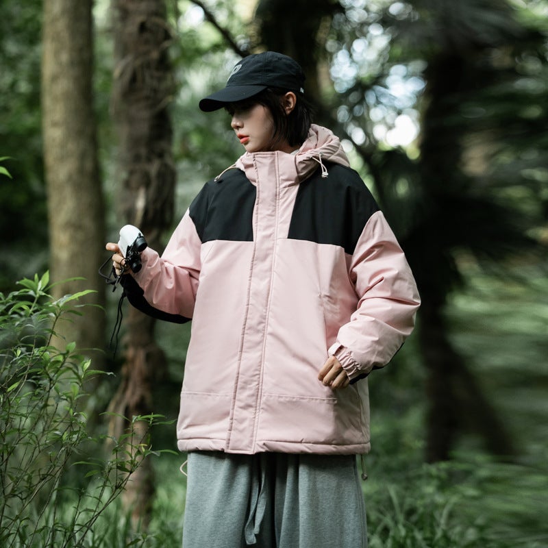 Popular Cotton-Padded Clothes For Couples Winter Color Matching Casual Waterproof Removable Hooded Graphene Thermal Storage Lock Warm Coat - Image 1