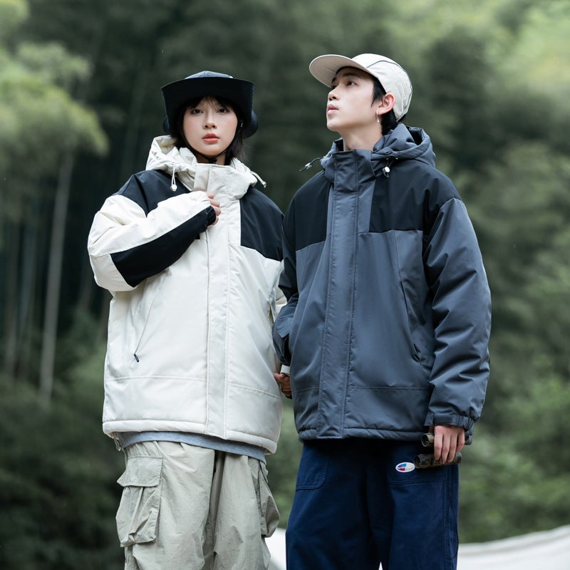 Popular Cotton-Padded Clothes For Couples Winter Color Matching Casual Waterproof Removable Hooded Graphene Thermal Storage Lock Warm Coat - Image 4