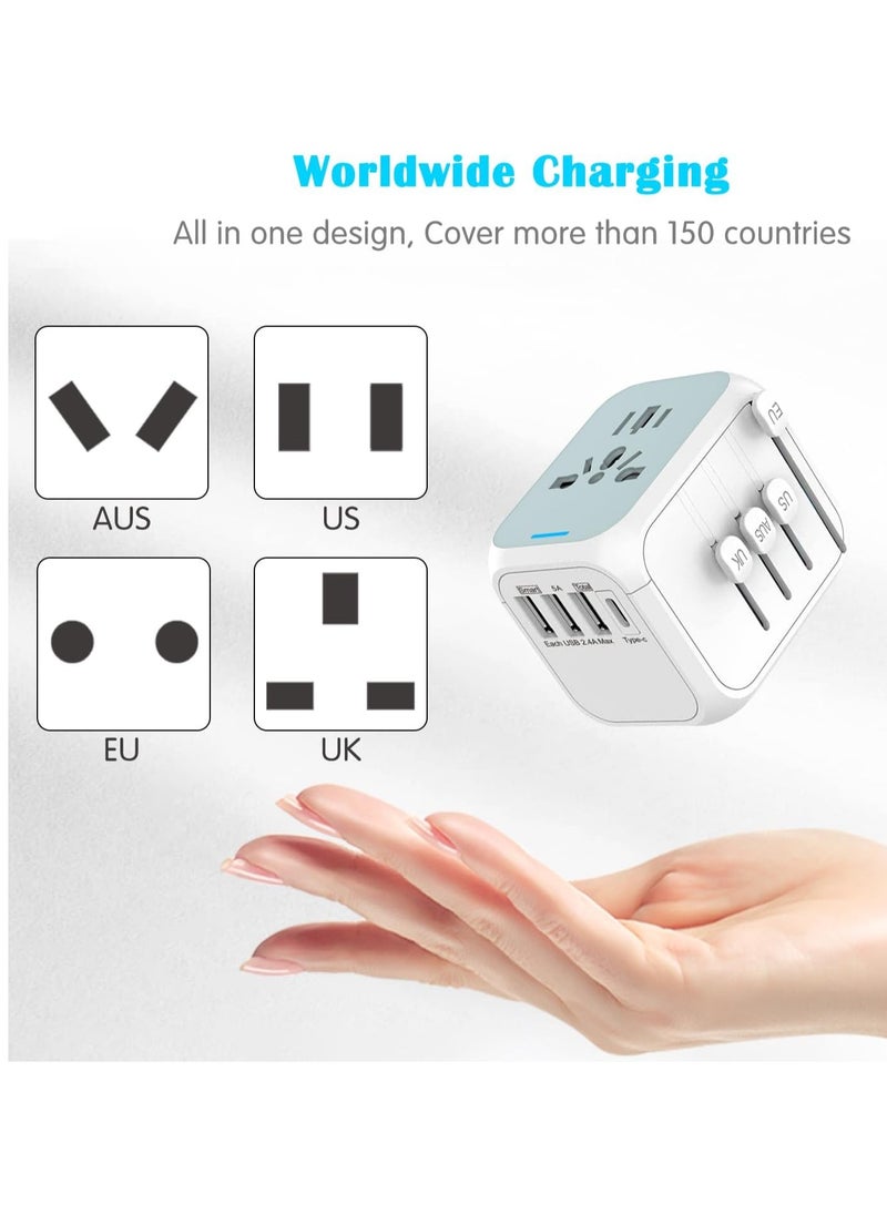 Necomi Worldwide Travel Adapter with USB C and USB A Port, All-in-one Universal Plug Adapter latest self-resetting fuse International Power Adapter with 3 USB And 1 Type-C for USA EU UK AUS （White）  - Image 1