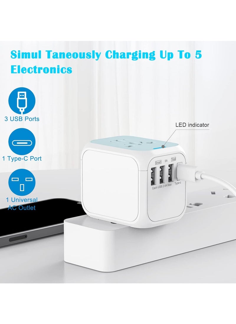 Necomi Worldwide Travel Adapter with USB C and USB A Port, All-in-one Universal Plug Adapter latest self-resetting fuse International Power Adapter with 3 USB And 1 Type-C for USA EU UK AUS （White）  - Image 2