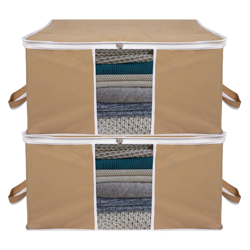 Kuber Industries Kuber Industries Underbed Storage Bag Plain White Border Blanket Cover with Clear Window Zipper Closure Handle Cloth Organizer Large Pack of 2 Brown - Image 1