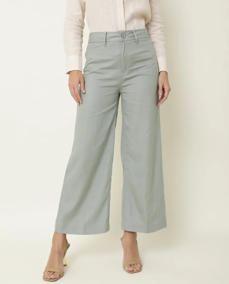 Rareism Women's Mid Rise Wide Leg Lyocell Trousers