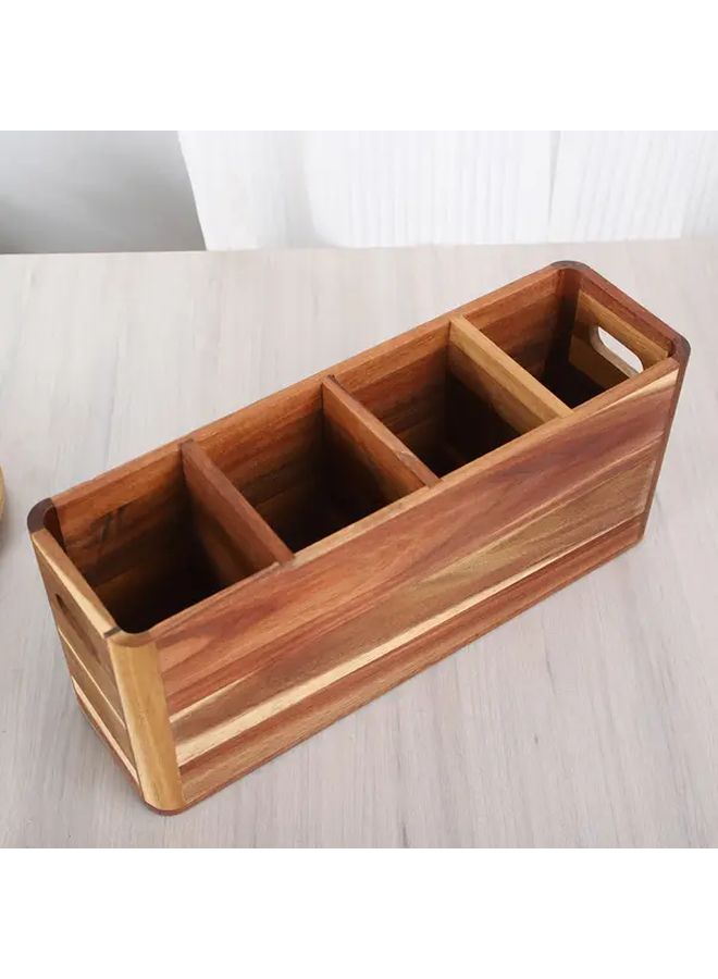 4 Grids Raw Wooden Kitchen Utensil Organizer Countertop Cutlery Holder With 3 Compartments For Cooking And Silverware Storage Rustic Acacia Container - Image 1