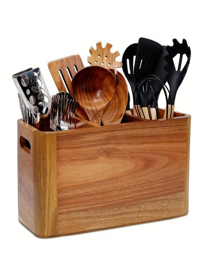 4 Grids Raw Wooden Kitchen Utensil Organizer Countertop Cutlery Holder With 3 Compartments For Cooking And Silverware Storage Rustic Acacia Container - Image 2