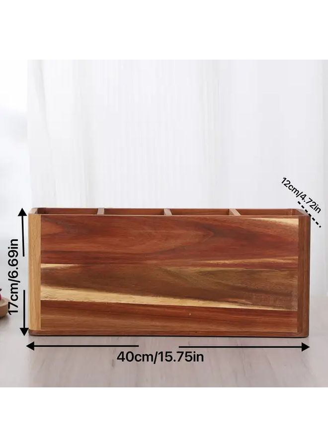 4 Grids Raw Wooden Kitchen Utensil Organizer Countertop Cutlery Holder With 3 Compartments For Cooking And Silverware Storage Rustic Acacia Container - Image 4
