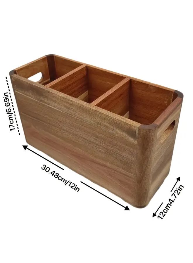 4 Grids Raw Wooden Kitchen Utensil Organizer Countertop Cutlery Holder With 3 Compartments For Cooking And Silverware Storage Rustic Acacia Container - Image 3