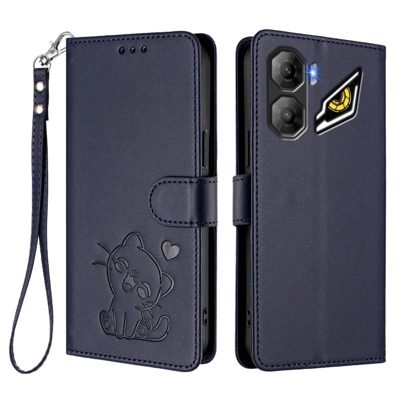 erorex For ZTE nubia Neo 3 Embossed  Cat Leather Phone Case with Hand Strap(Blue) - Image 2