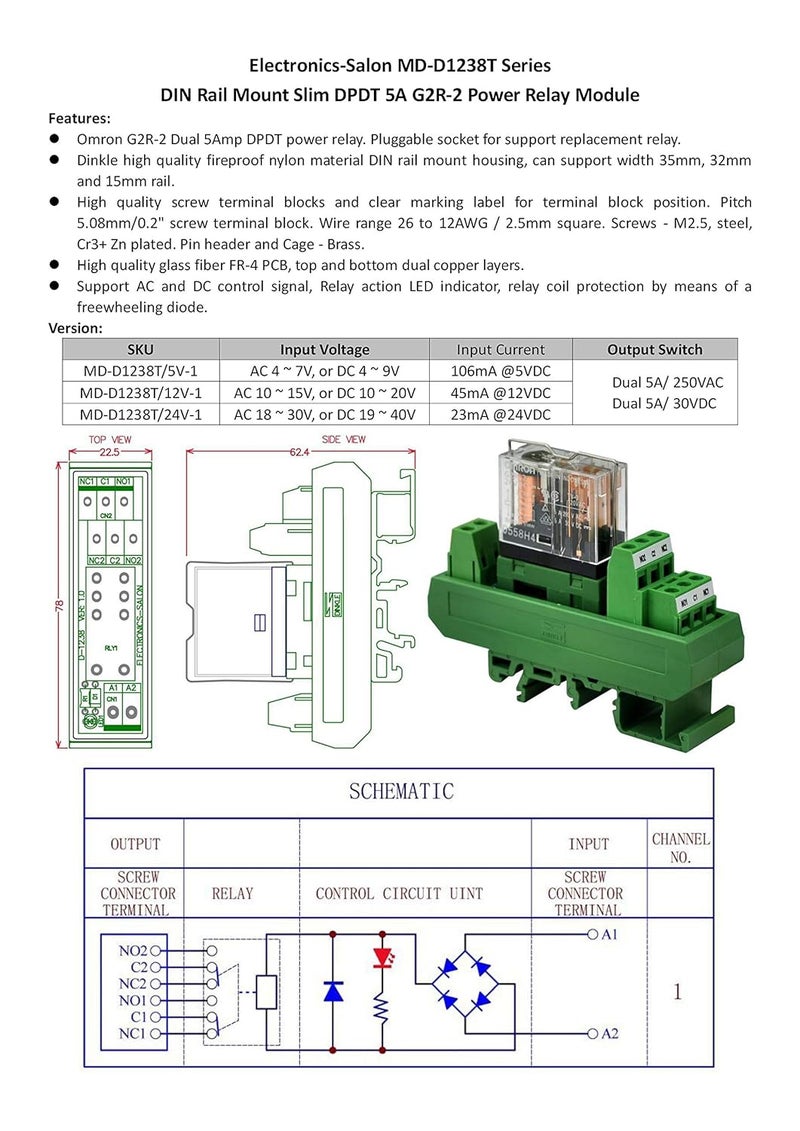 Electronics-Salon AC/DC 12V Slim DIN Rail Mount 5Amp DPDT Power Relay Interface Module, G2R-2 12V. - Image 5