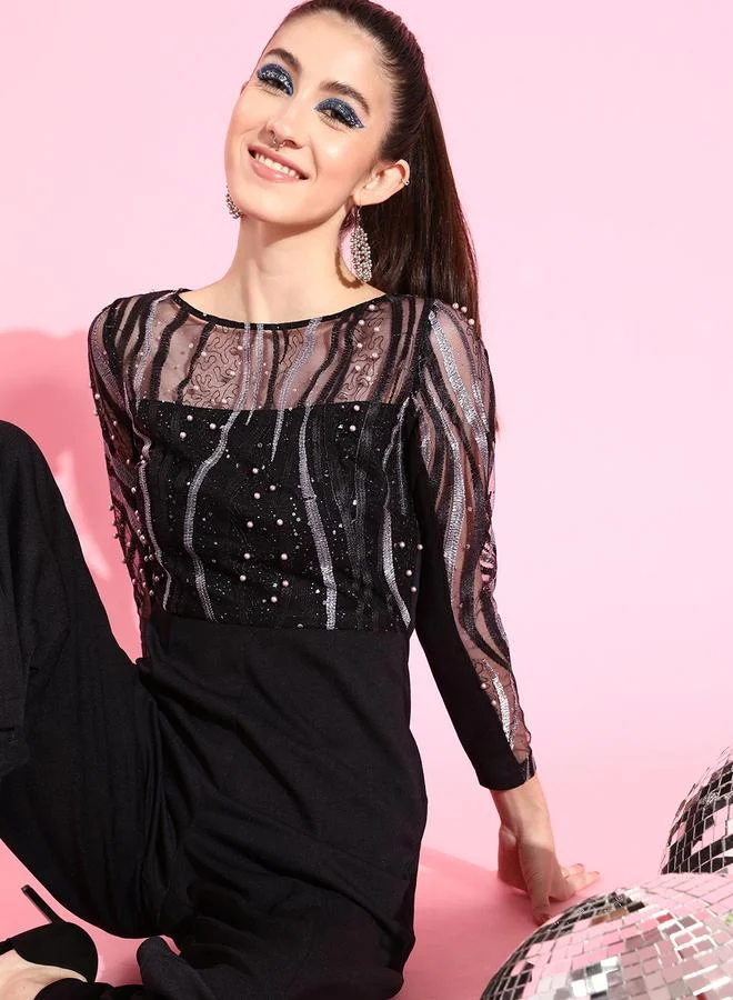مس تشايس Miss Chase Black Embellished Straight Leg Jumpsuit