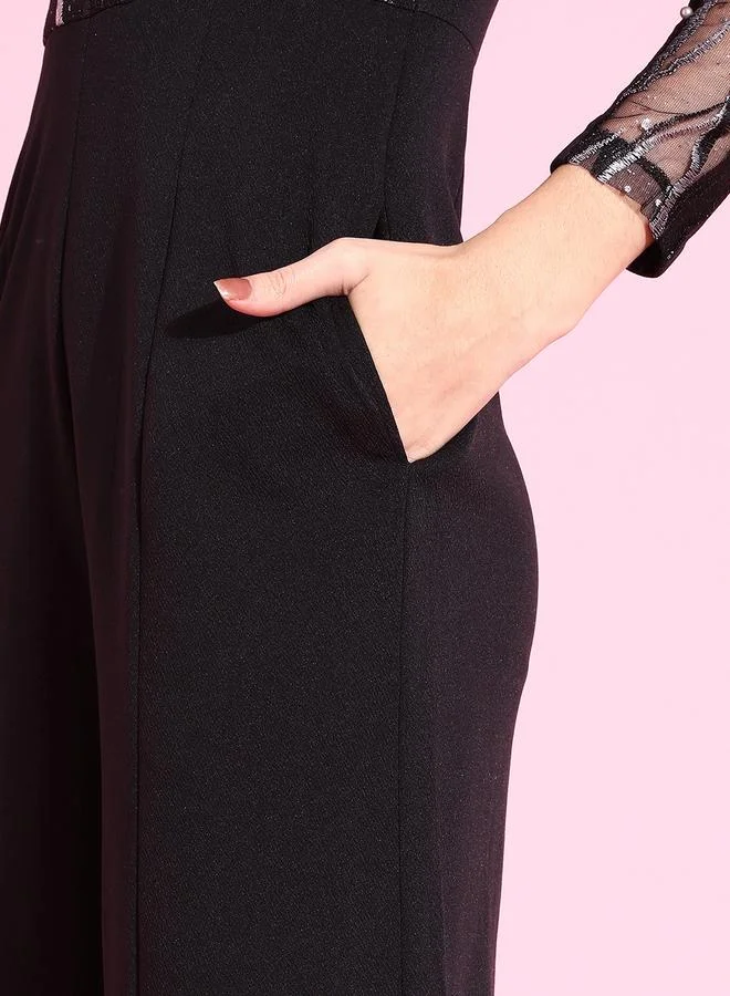 Miss Chase Miss Chase Black Embellished Straight Leg Jumpsuit