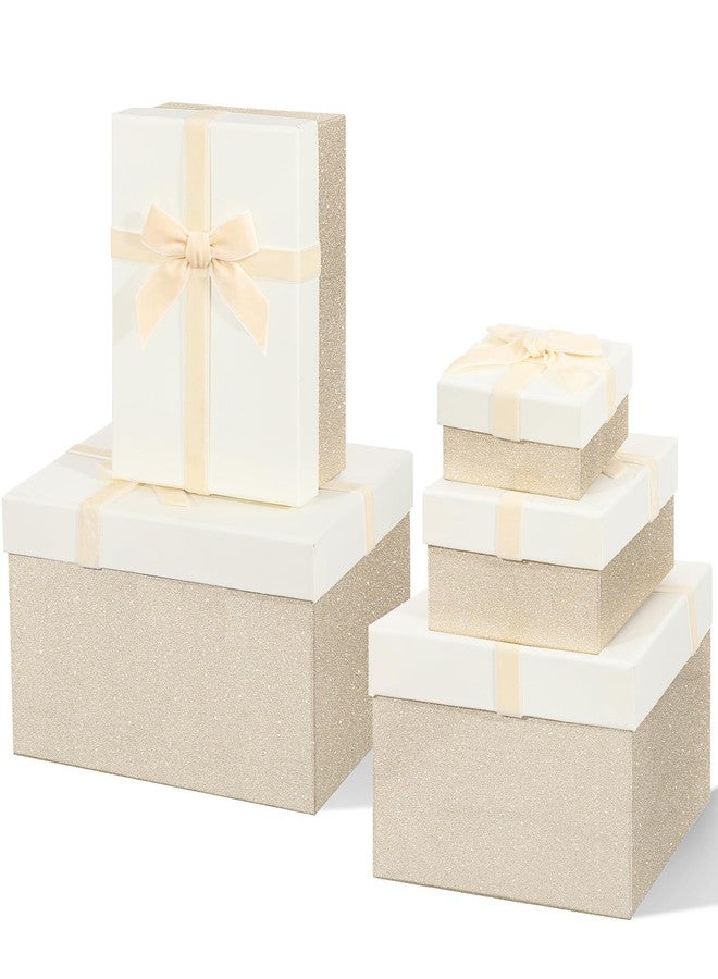 Cholemy 5 Pcs Fathers Day Luxury Nesting Gift Boxes with Lid and Velvet Ribbon Assorted Size Decorative Box Wrap for Present Wedding Birthday Anniversary Baby Shower Party Favor(Champagne - Image 1