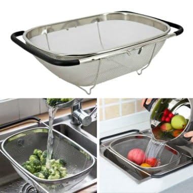 Drumil Over The Sink Colander Strainer Basket Stainless Steel for Kitchen Sink with Rubber Grip Fine Mesh Stainless Steel Large Expandable Strainer for Pasta Food Vegetables - Image 4