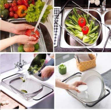 Drumil Over The Sink Colander Strainer Basket Stainless Steel for Kitchen Sink with Rubber Grip Fine Mesh Stainless Steel Large Expandable Strainer for Pasta Food Vegetables - Image 5