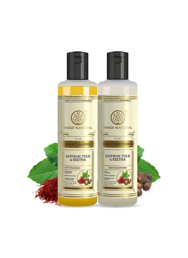 Khadi Natural Khadi Natural Saffron Tulsi & Reetha Hair Cleanser & Conditioner Combo | Prevents Hair Loss, Adds Strength & Shine | Suitable for All Hair Types- (210ml x 2)  - Image 1