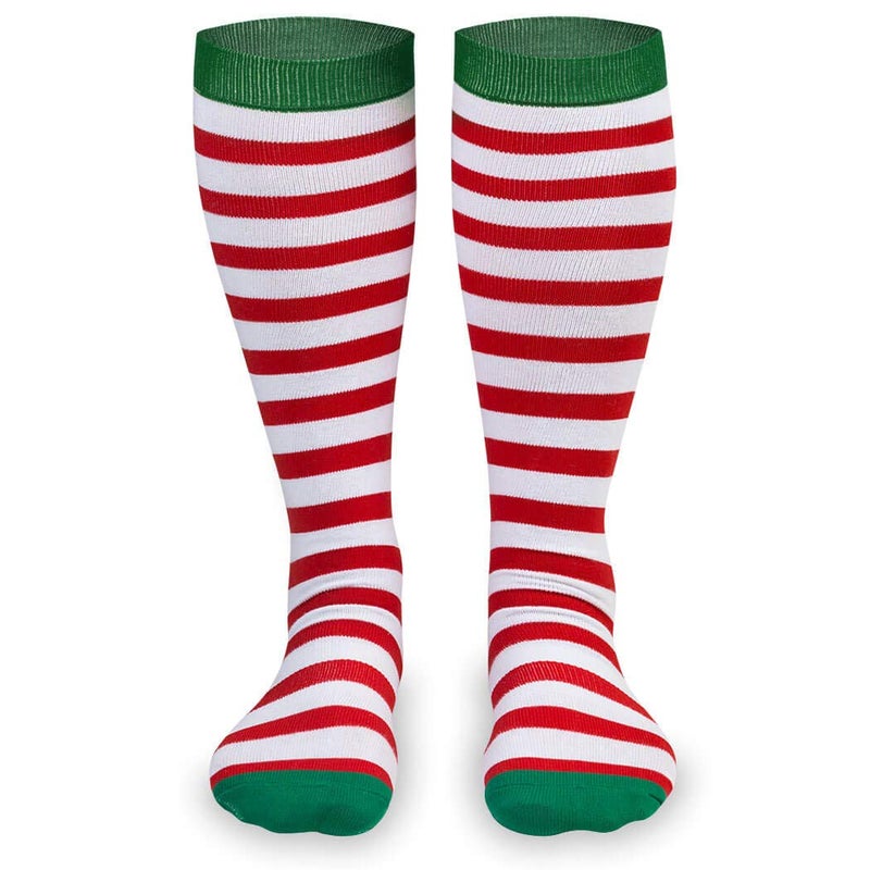 Gone For a Run Knee High Half Cushioned Athletic Running Sock | Running Christmas Elf (Red and White Stripes/Green) one size fits all - Image 1