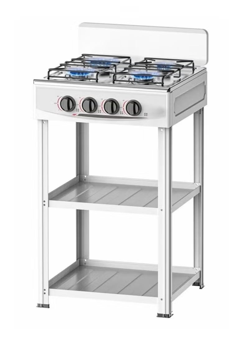 Olympia 4 Burner Gas Stove with Wind Guard, Portable LNG/LPG Gas Stove with Removable Leg Stand and 2 Storage Shelves for RV, Apartment, Outdoor Cooking. - Image 1