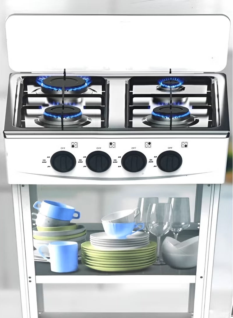 Olympia 4 Burner Gas Stove with Wind Guard, Portable LNG/LPG Gas Stove with Removable Leg Stand and 2 Storage Shelves for RV, Apartment, Outdoor Cooking. - Image 2