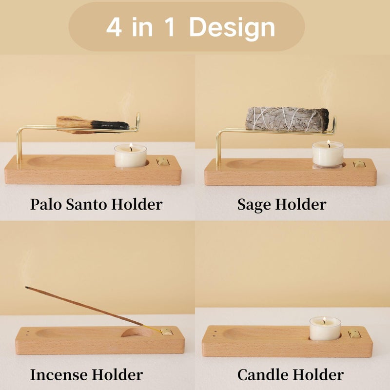 Reyife 4 in 1 Incense Holder for Burning Palo Santo & Sage Sticks & Insence-Stick and Candle, Lasting Burning Wooden Palo Santo and Sage Burner Smudge Bowl for Yoga Meditation Spiritual Altar - Image 2
